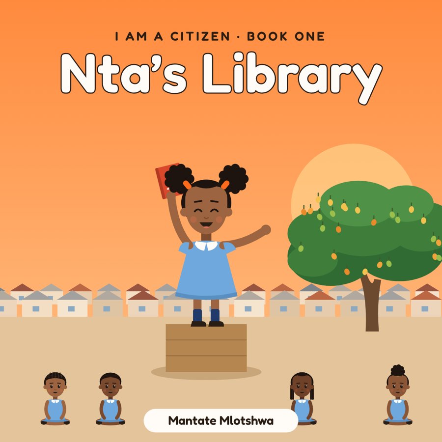 Cover of Nta's Library: a girl in a blue school uniform stands on a wooden crate holding up a red book, with friends sitting around her