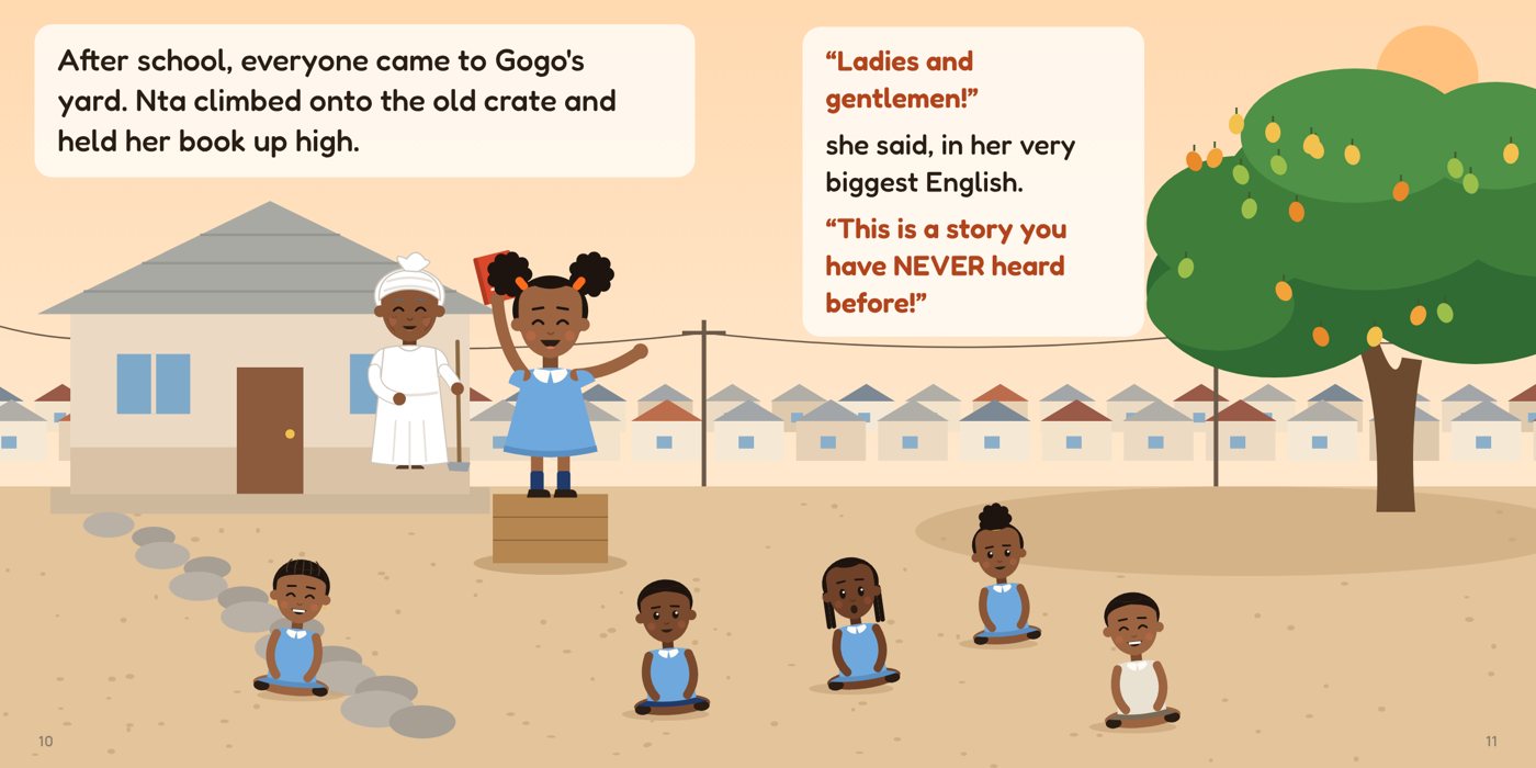 Spread from the book: Nta stands on a crate telling a story to her friends in Gogo's yard, under a mango tree