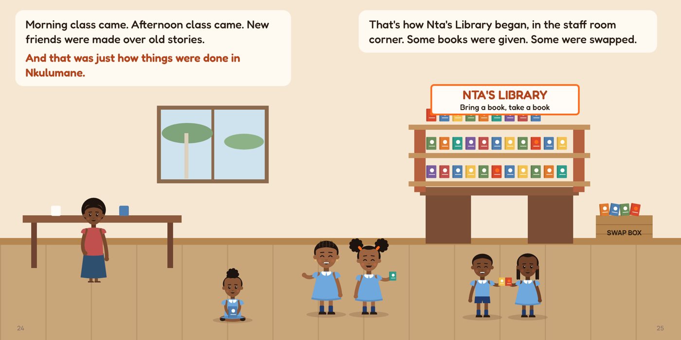 Spread from the book: children swapping books at Nta's Library in the corner of the school staff room